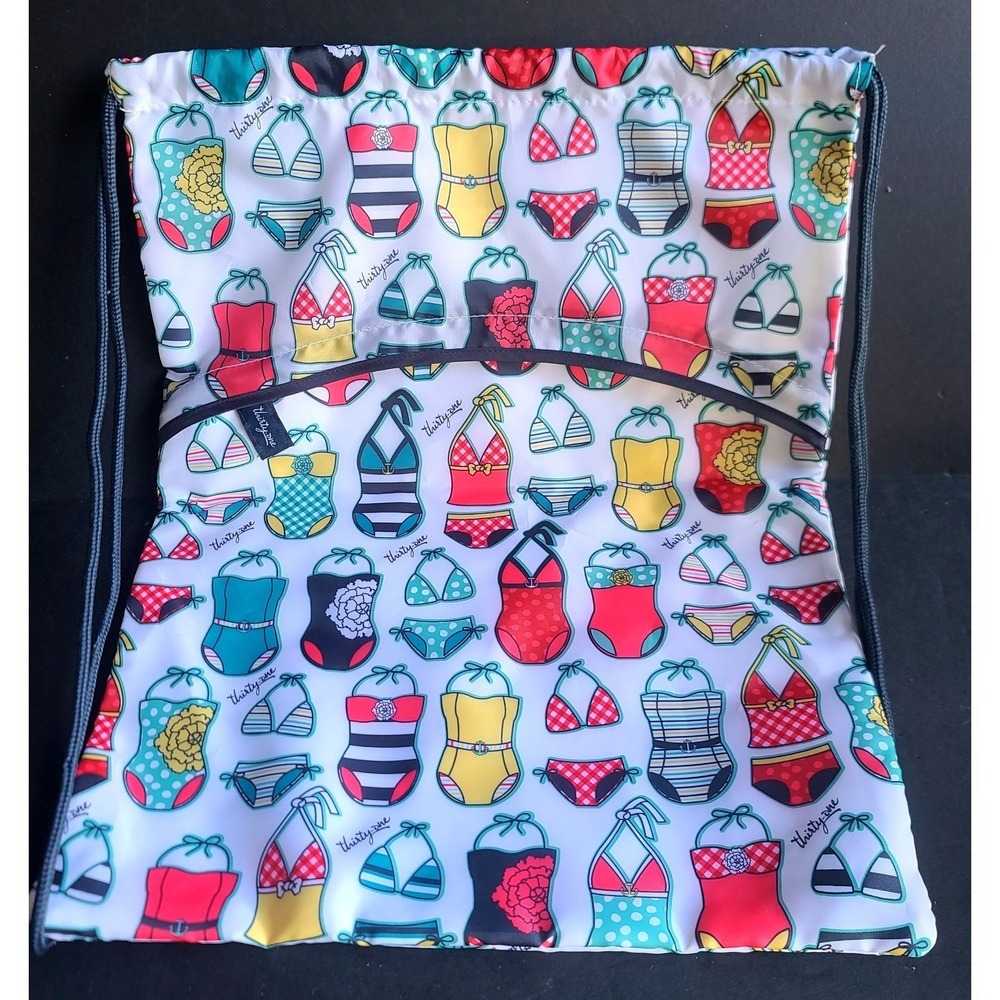 Thirty-One Zippered Drawstring Cinch Bag Wet Bag Swimsuit Print White Red Teal
